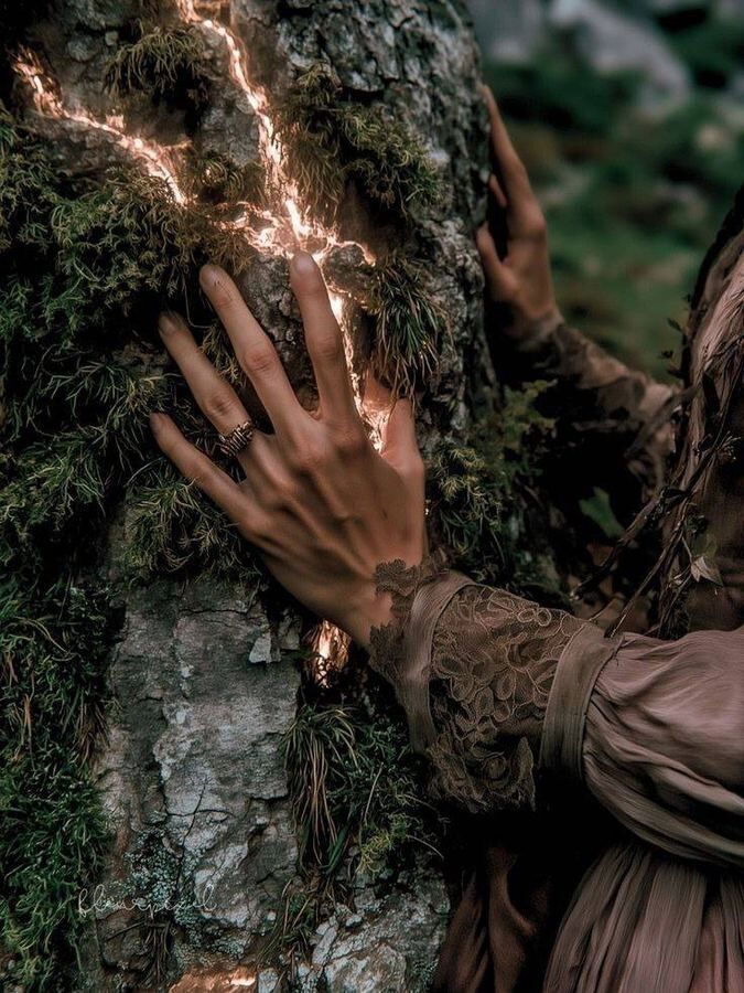 A hand touching the living light within an ancient tree
