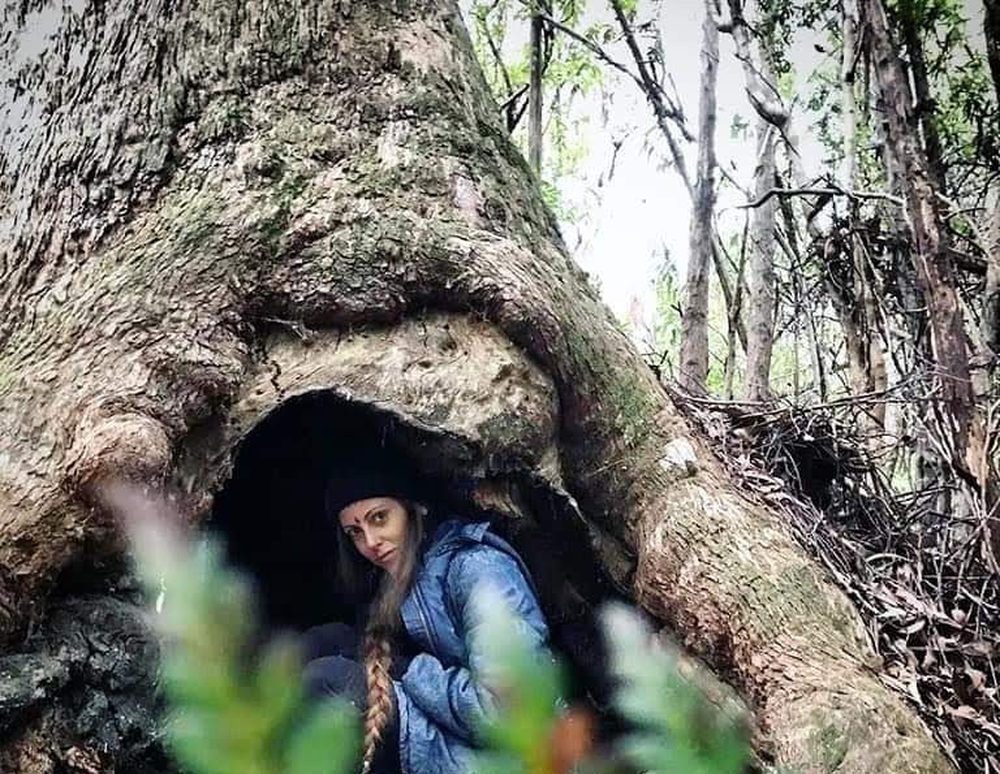 Michela inside the hollow of an ancient tree — Walk with the Elf