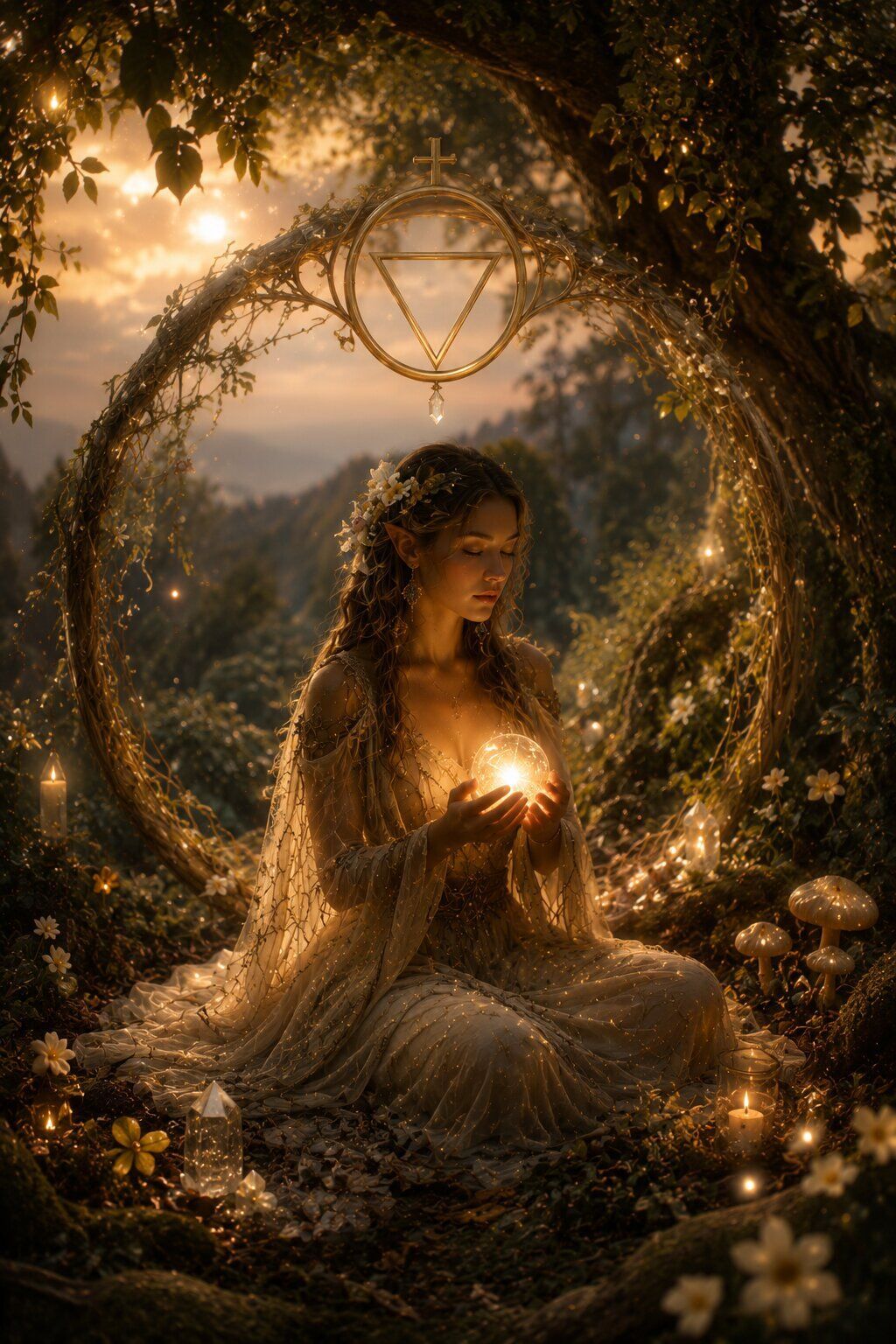 Michela in ritual with a glowing crystal ball